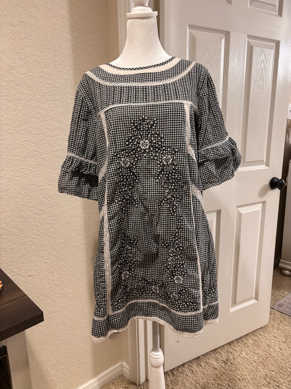 Free People Black and White Gingham Midi Dress with Lace Trim